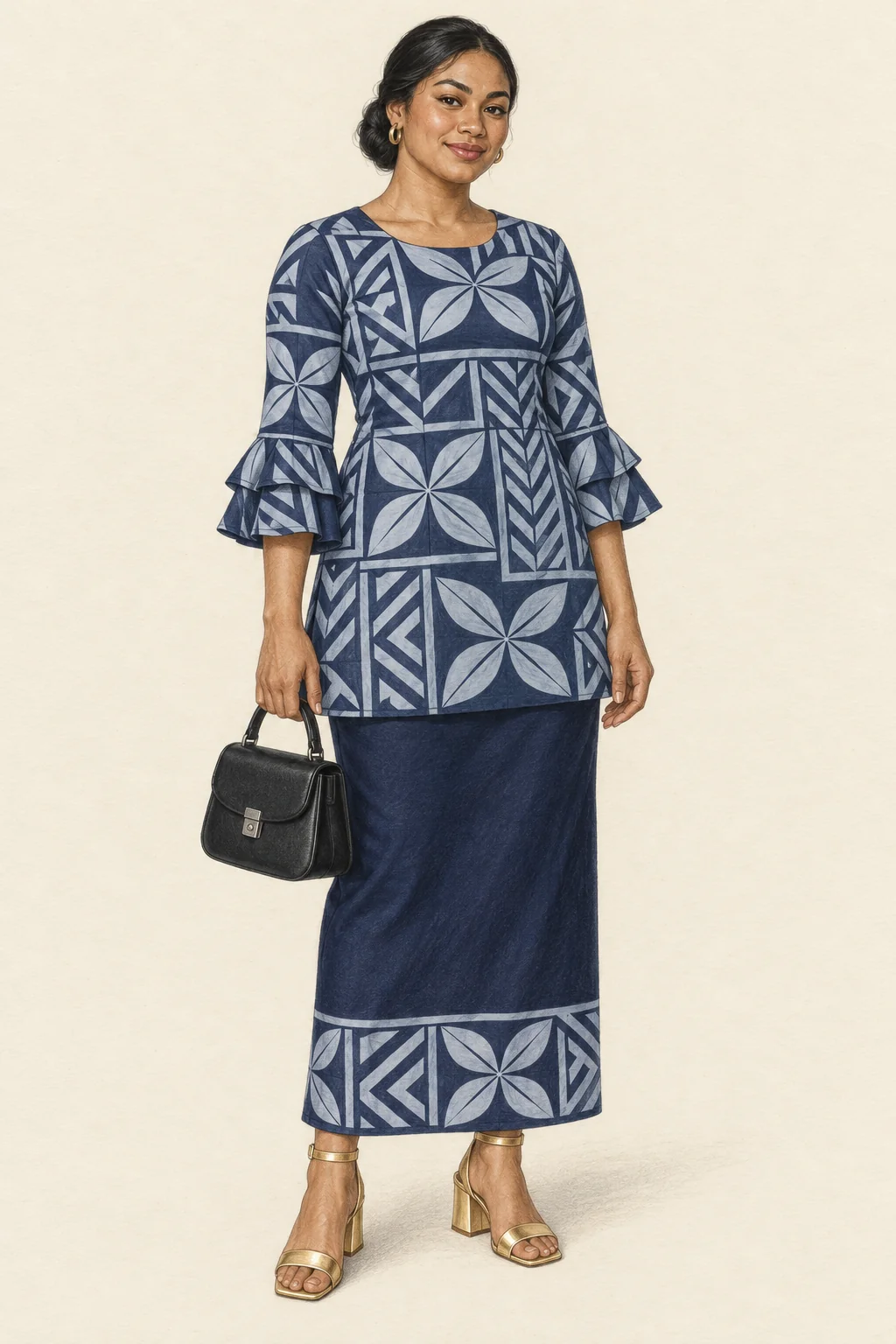 Coloured-pencil full portrait of a fictional young Samoan woman in a navy and pale-blue printed puletasi, black handbag, gold hoops and gold sandals.