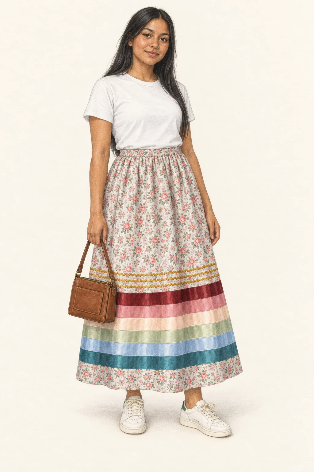 Full figure in a white T-shirt, long floral skirt with broad coloured ribbon bands, cream trainers and small brown bag.