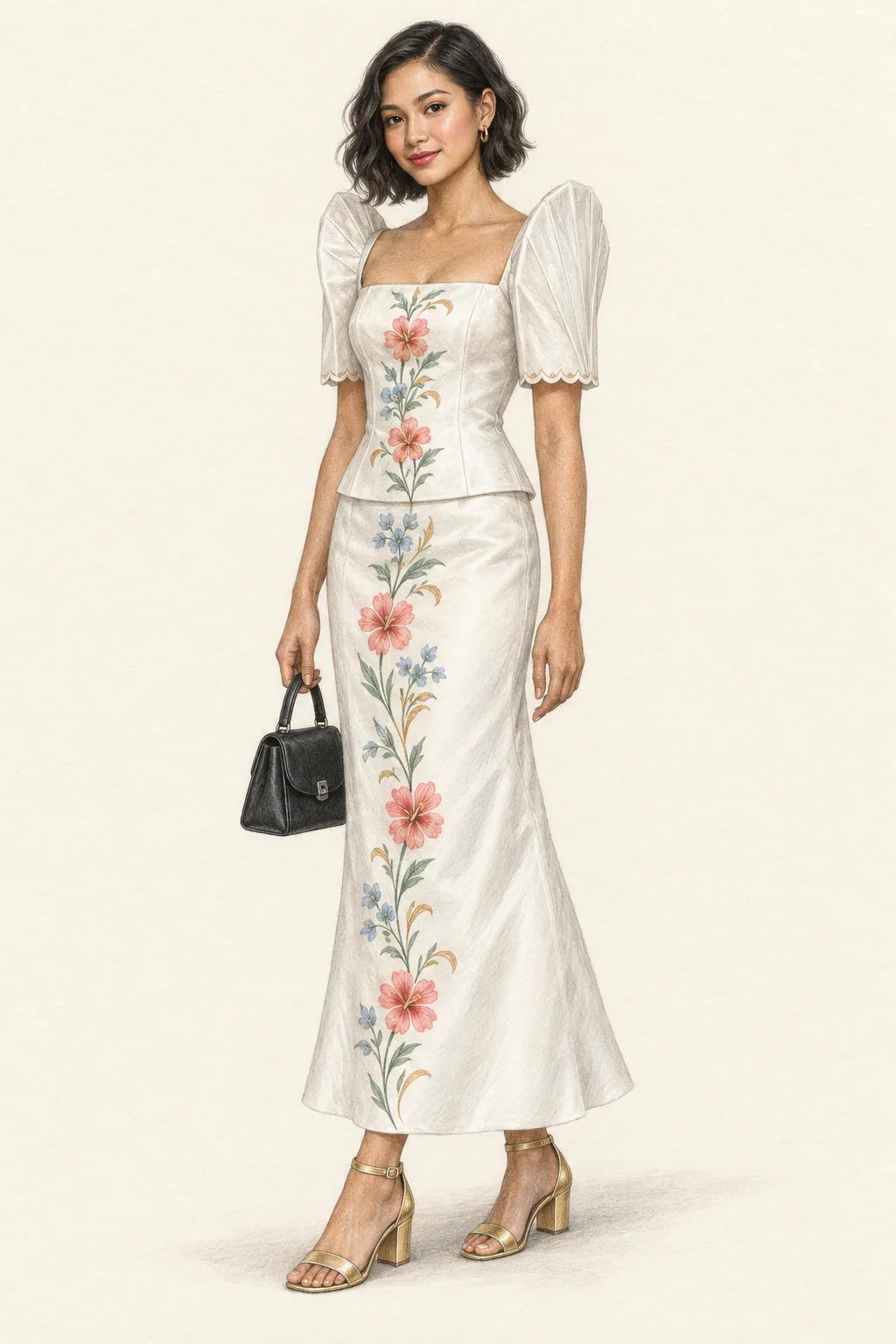 Realistic pencil portrait of a young Filipina in a white floral butterfly-sleeved terno, gold sandals and a black handbag.