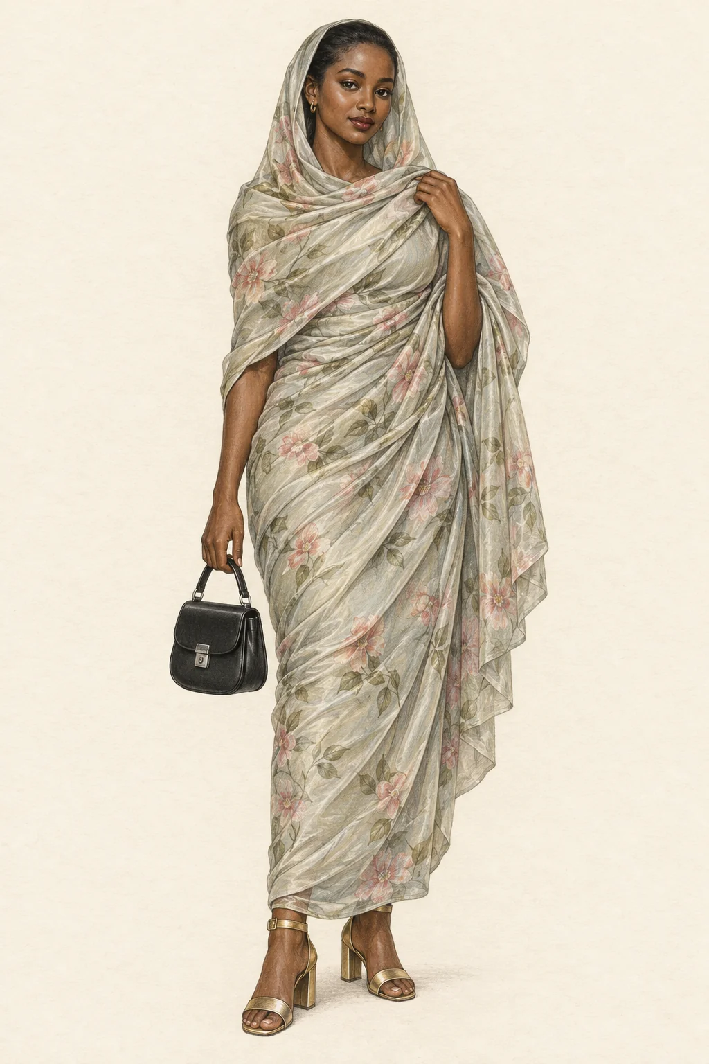 Detailed pencil portrait of a youthful Sudanese woman in a floral pale-sage toub, gold sandals and a black handbag.