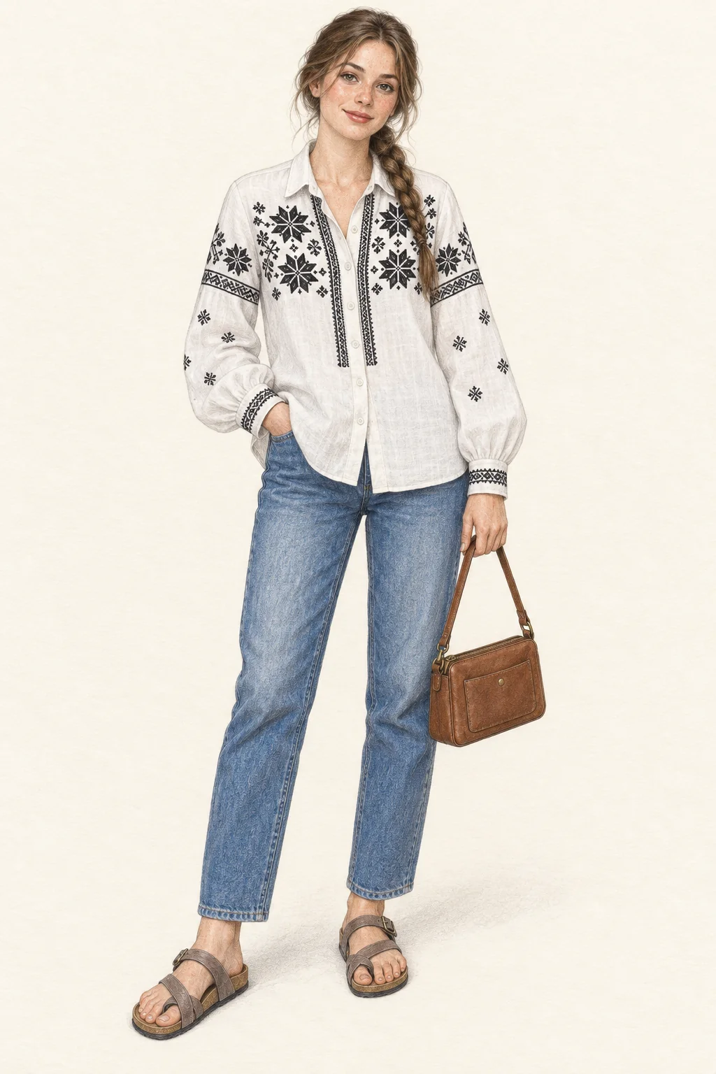 Full figure in a white shirt with black geometric embroidery, straight blue jeans, taupe sandals and a small brown bag.