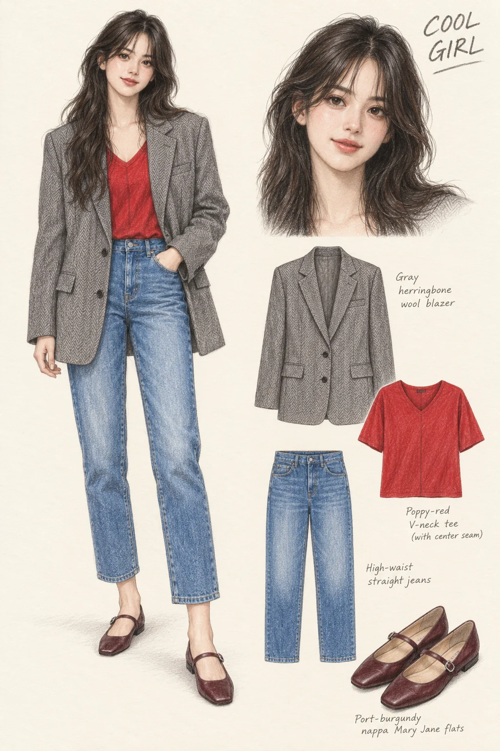 Full-length colored-pencil fashion sketch on warm ivory paper. Youthful soft face, long tousled dark waves and light parted fringe, fine brown lash line and rose balm lips. Relaxed slim figure, lightly shaded wrists and ankles. Open hip-length gray herringbone blazer around a red V tee with center seam, cropped straight blue jeans and port Mary Janes. Pocket hand/relaxed other hand and both shoes remain in exact full-figure crop.