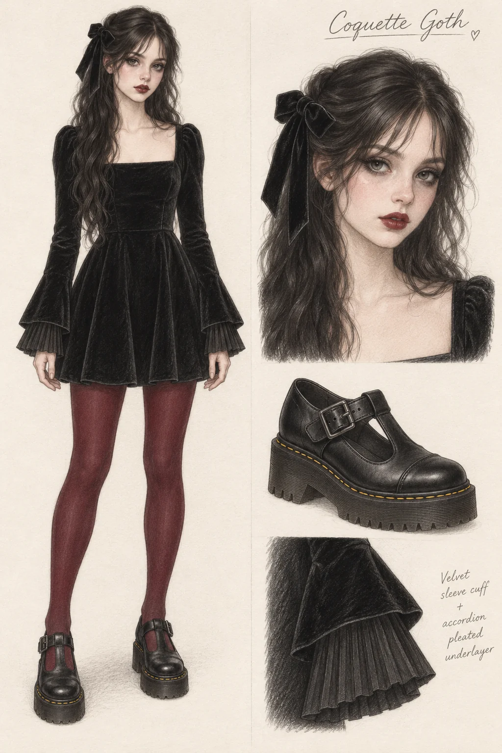 Youthful Coquette Goth fashion sketch with black velvet, burgundy tights and a single bow.