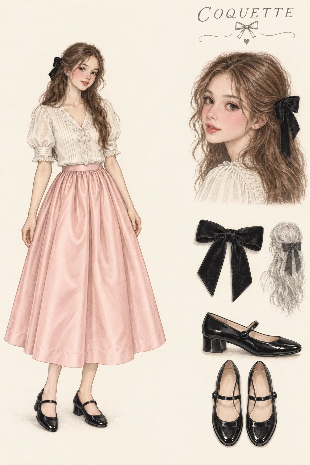 Full-length colored-pencil fashion sketch on warm ivory paper. Youthful fictional woman with long softly waved chestnut hair, black velvet bow, pink blush, fine brown liner and rosy lips. Coreification suggestion: ivory ruffled blouse + gathered pink midi skirt + black Mary Janes + one black velvet hair bow. Separate face and item studies appear to the right.