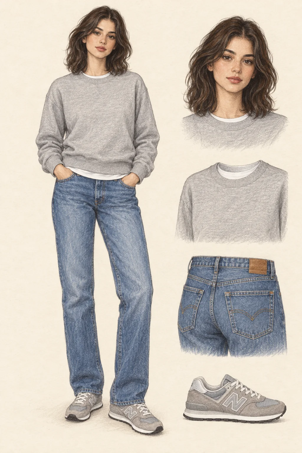 Colored-pencil illustration of an 18-year-old adult wearing classic organic crew in heather grey, classic organic tee in optical white, 501 original jeans in medium indigo stonewash, 574 core in grey with white on warm ivory paper, with a matching portrait and garment detail studies.