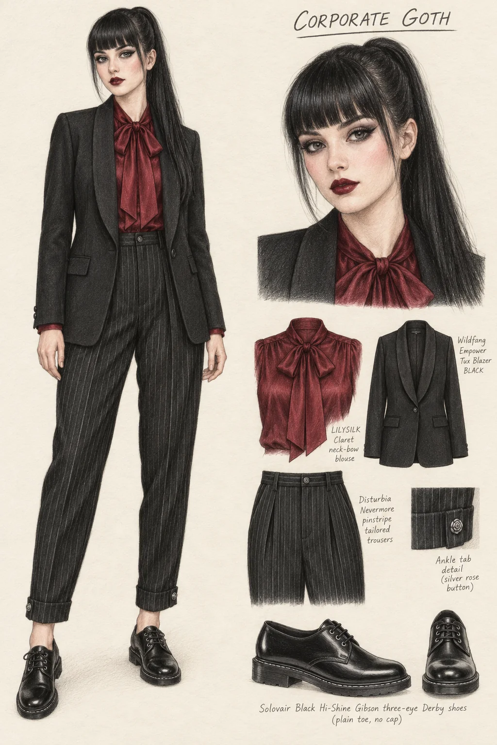 Full-length colored-pencil fashion sketch on warm ivory paper. Youthful fictional woman with sleek black ponytail and fringe, pointed black liner, charcoal eye shadow and deep wine lips. Coreification suggestion: plain black shawl-collar blazer + claret bow blouse + black pinstripe tapered trousers + low black Derby shoes. Separate face and item studies appear to the right.