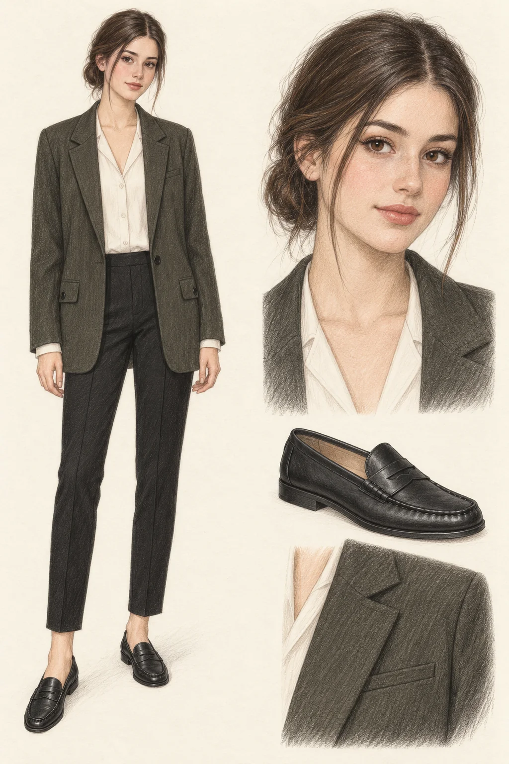 Youthful Corporatecore fashion sketch with an easy blazer and a narrow trouser line.