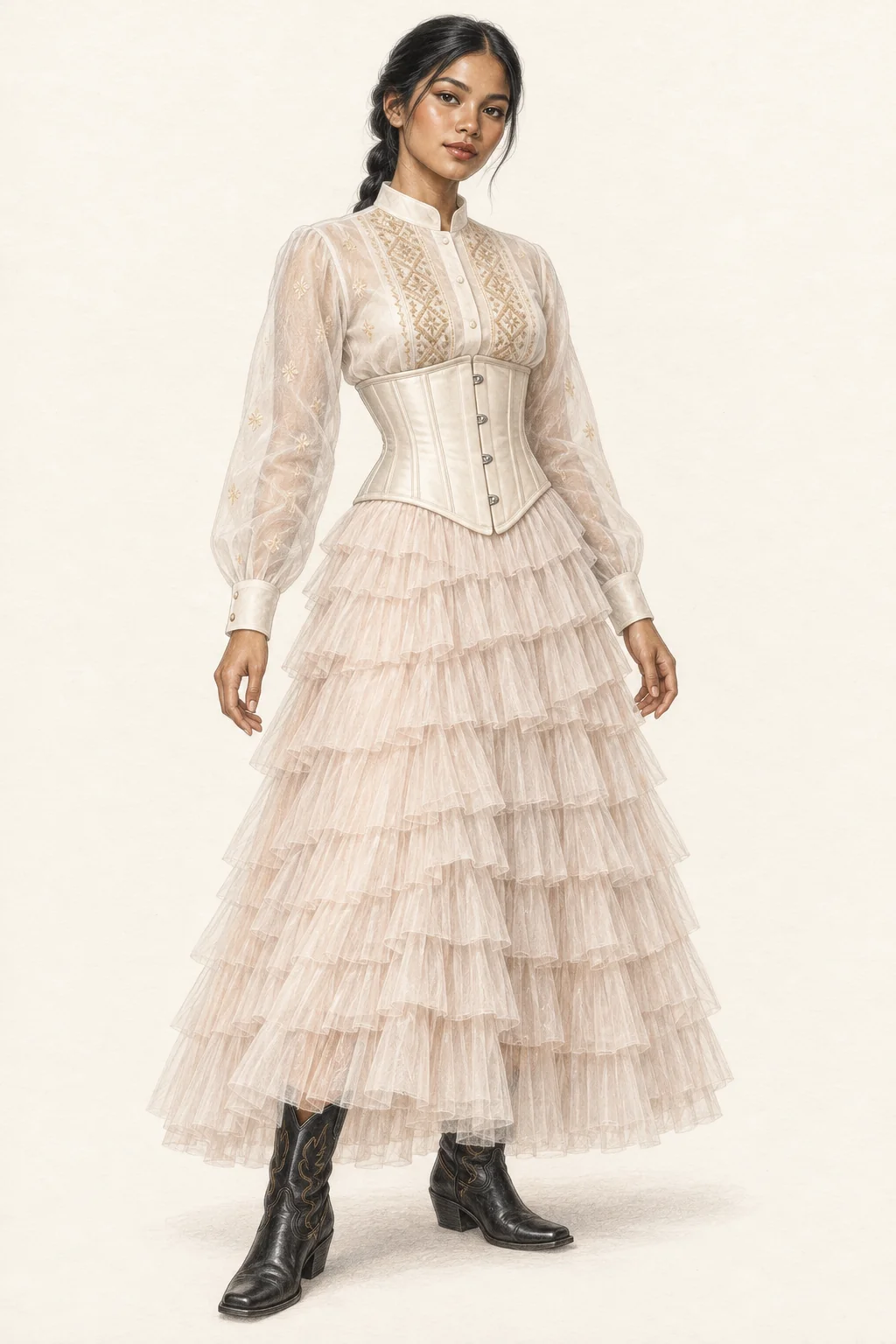 Fictional woman in an embroidered ivory barong, separate corset, layered tulle skirt and black boots.