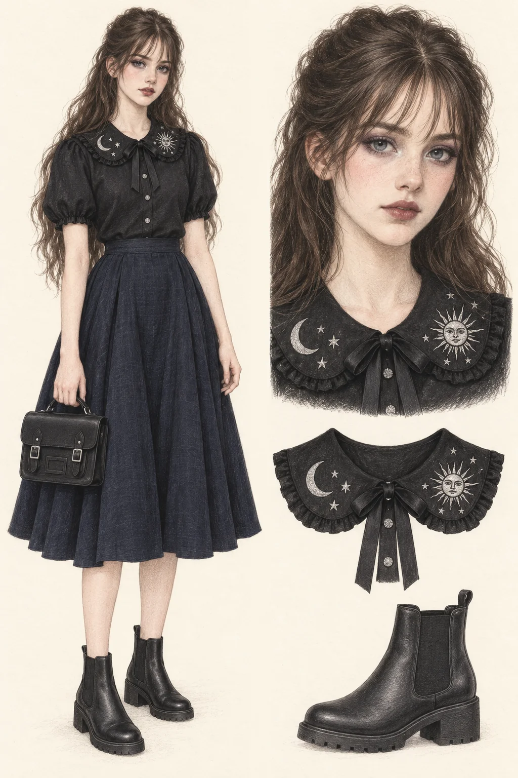 Youthful Cosmic Witchcore fashion sketch with silver celestial embroidery and night navy.