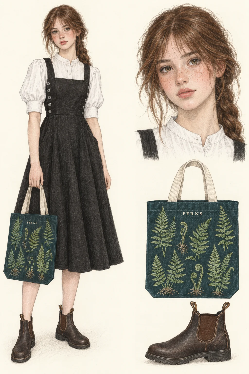 Youthful Cottage Witchcore fashion sketch with black linen, puff sleeves and fern green.