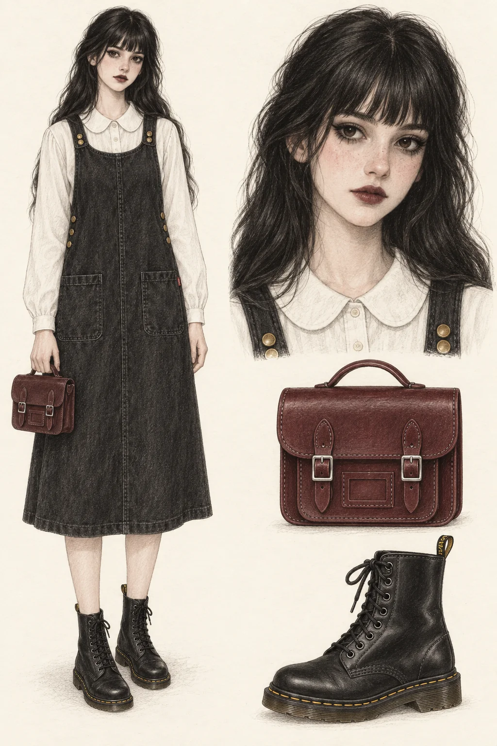 Youthful Cottagecore Goth fashion sketch with washed charcoal, a pale collar and oxblood.