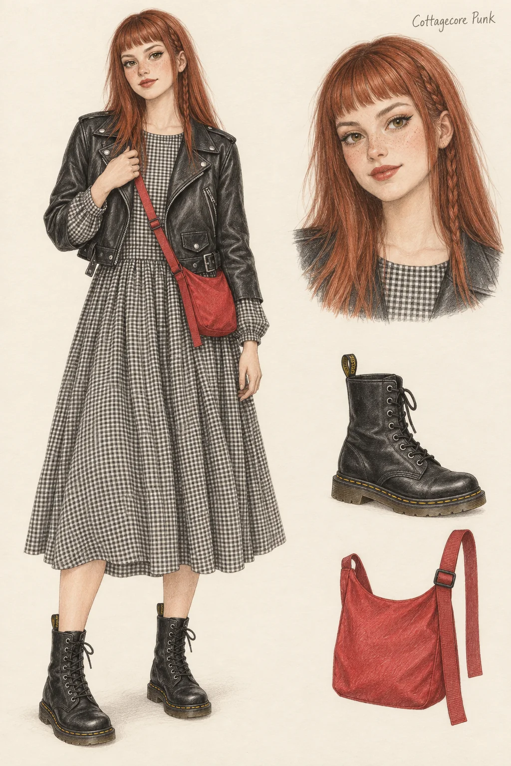 Colored-pencil sheet on ivory paper: copper-haired woman in a loose gingham midi, short black leather jacket, low black lace boots and red sling, beside matching face and accessory studies.