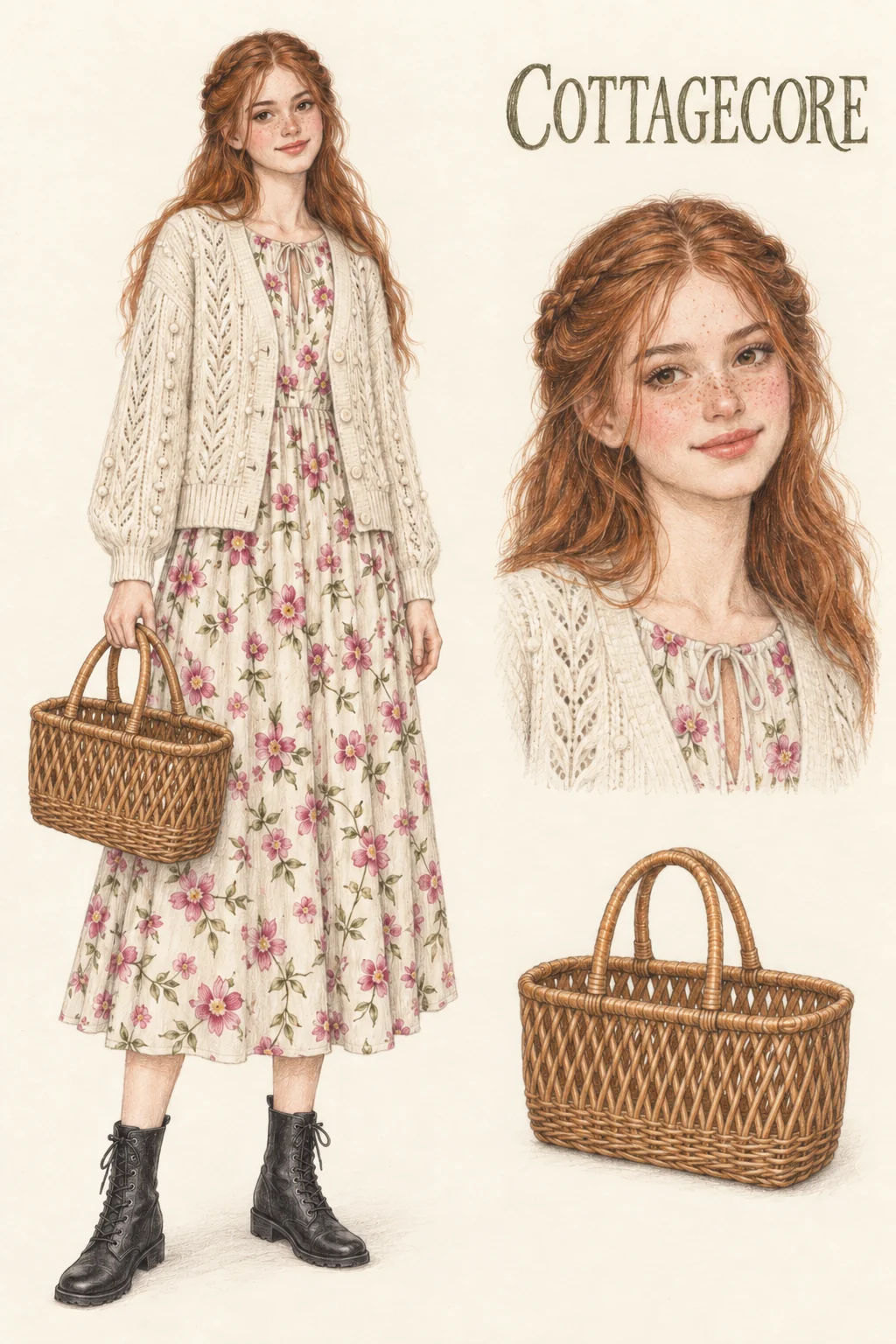 Full-length colored-pencil fashion sketch on warm ivory paper. Youthful freckled face with long copper waves, two small temple braids, soft pink cheeks, lightly defined lashes and muted rosy lips. Open ecru bobble/openwork cardigan over a cream floral gathered untiered midi, with dark lace-up boots and an empty two-handle honey wicker shopper. Natural slim proportions, softly shaded lower legs, both hands and both soles complete. Separate face and item studies appear at right.