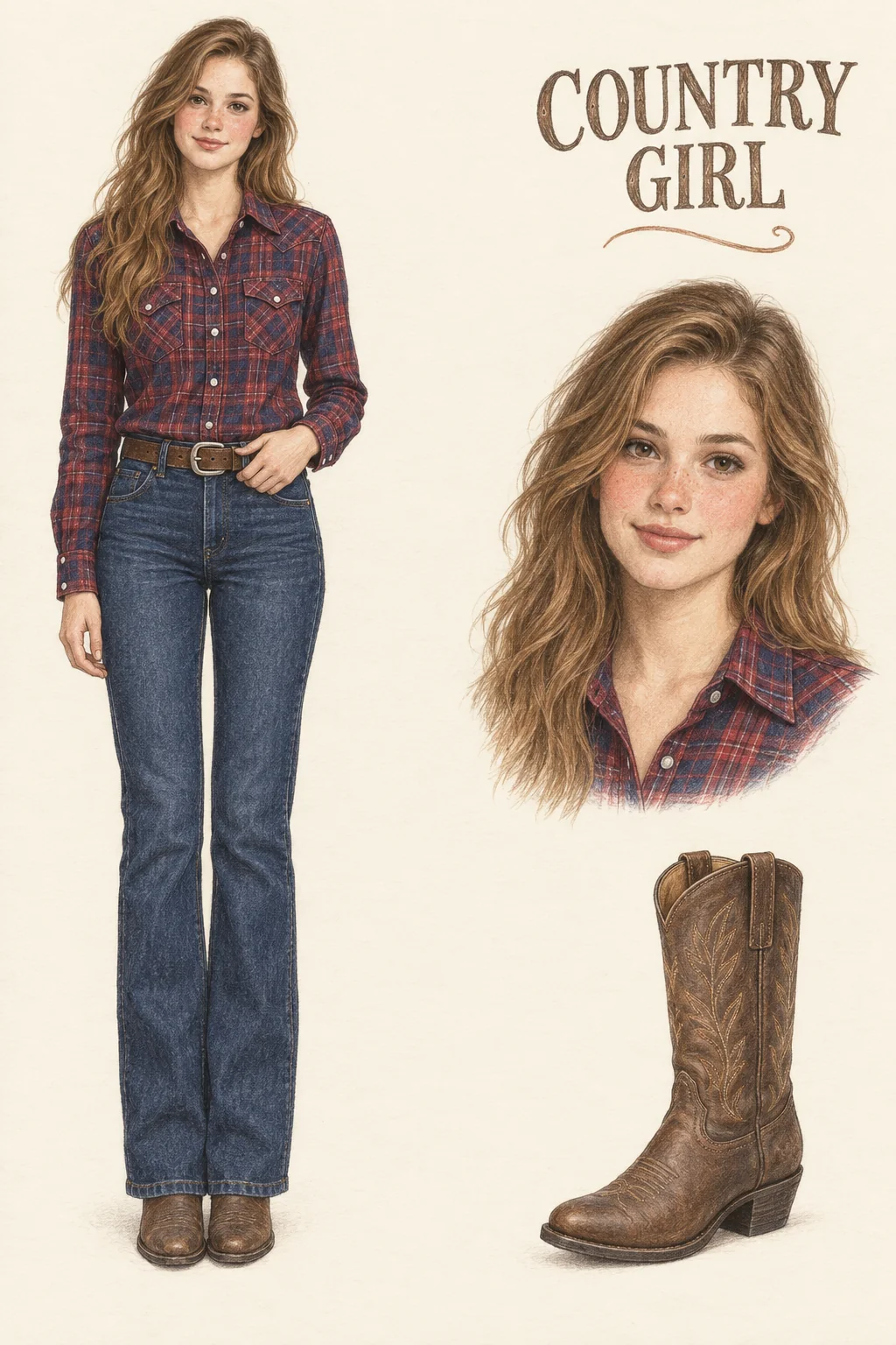 Full-length colored-pencil fashion sketch on warm ivory paper. Youthful freckled face with long honey-brown waves, loose side part, softly defined lashes, warm rose cheeks and tinted lips. Burgundy/navy checked snap shirt with pointed yokes and pocket flaps is tucked into dark denim trouser jeans. Plain brown belt and rounded brown Western boots complete the four pieces. Narrow neutral stance keeps both boots beneath the hips and the full figure clear of all insets. Separate face and item studies appear at right.