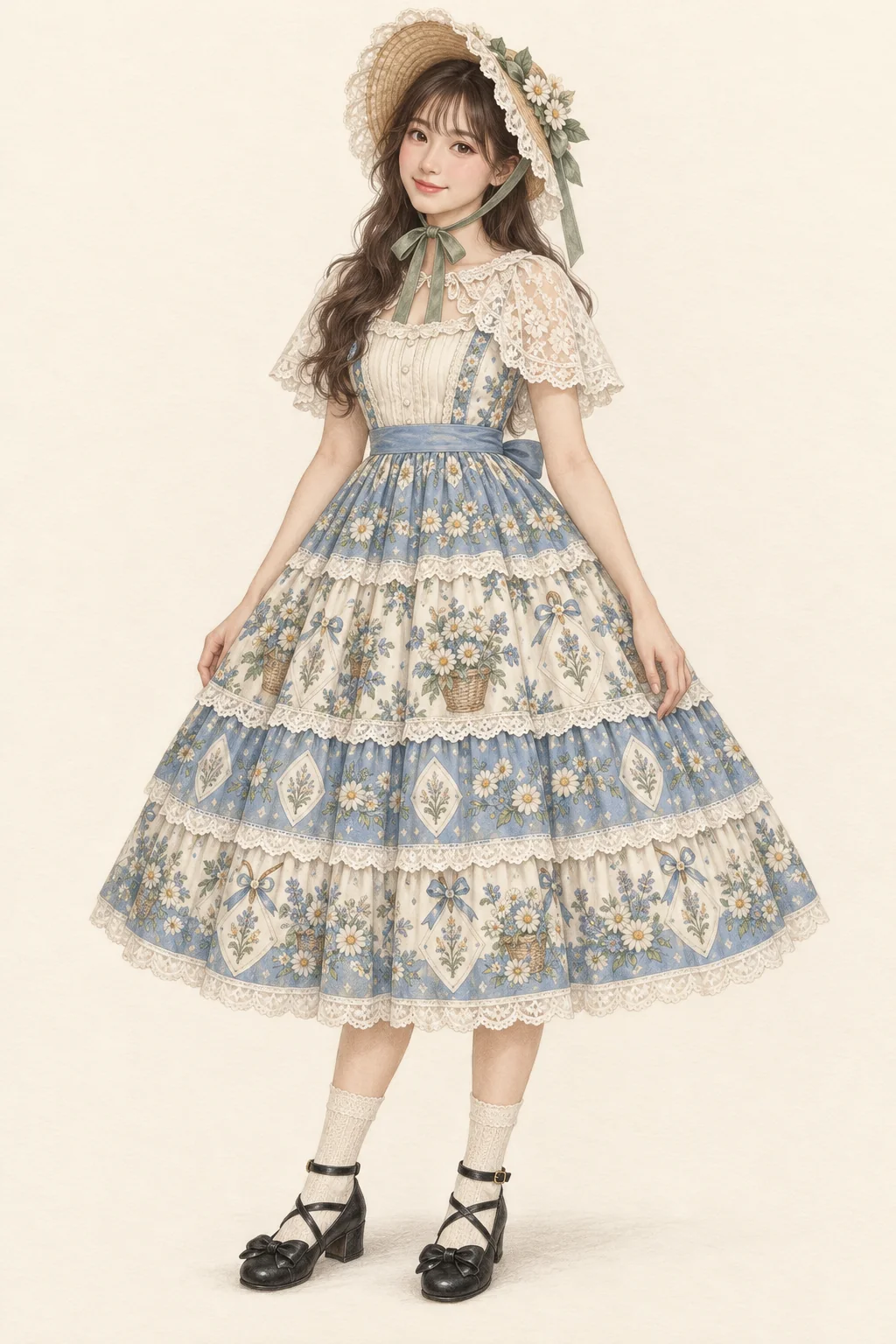 A woman in a blue floral basket-print Lolita dress, ivory lace cape and green-trim straw bonnet with cream socks and black bow strap shoes.