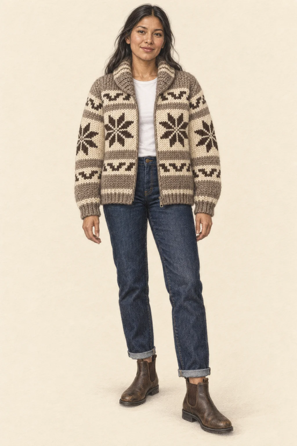 Realistic coloured-pencil portrait of a youthful woman with long dark hair in a cream-and-brown snowflake cardigan, white tee, indigo jeans and brown ankle boots.