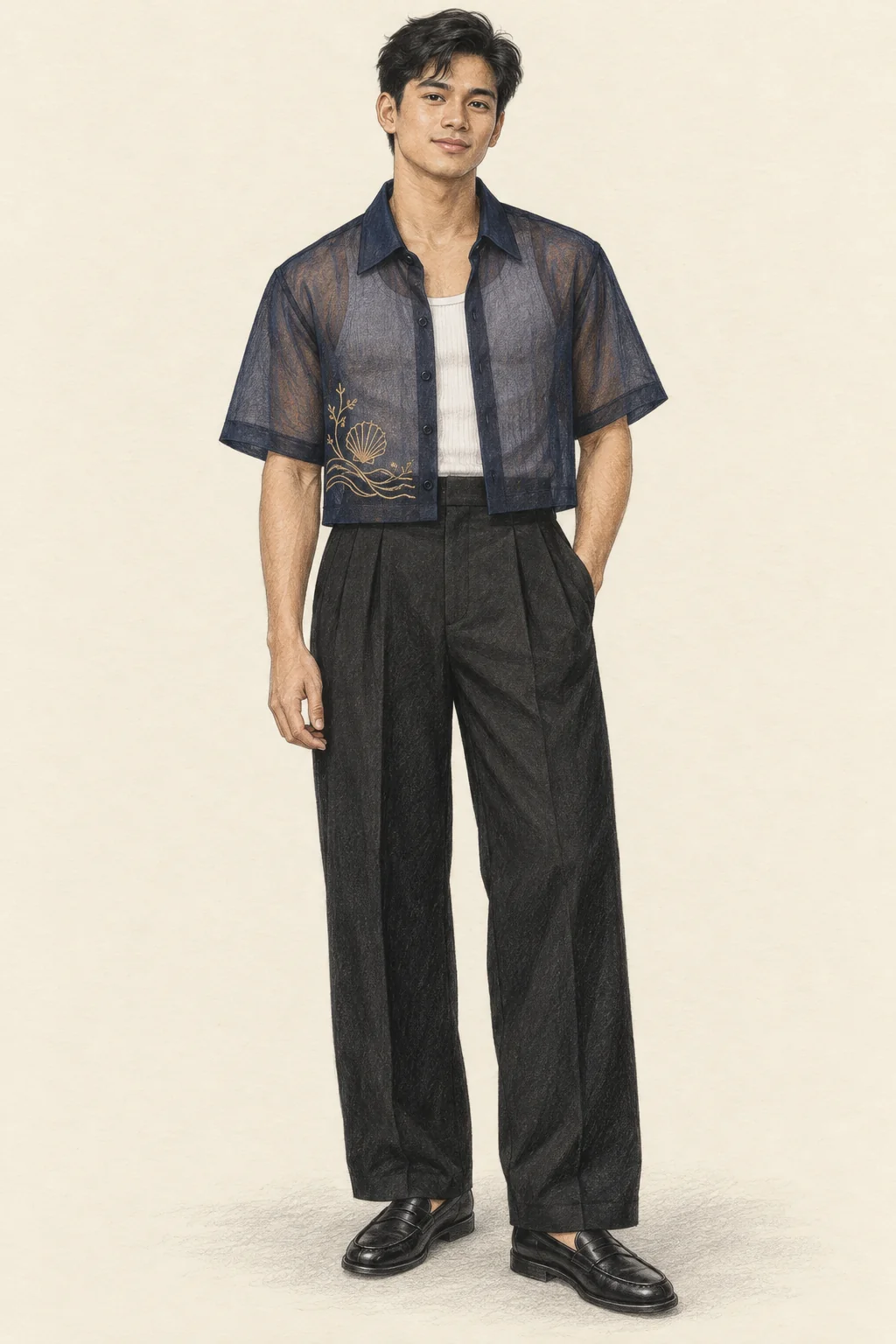 Coloured-pencil full portrait of a fictional young Filipino man in a sheer navy cropped embroidered barong, white tank, wide black trousers and black loafers.