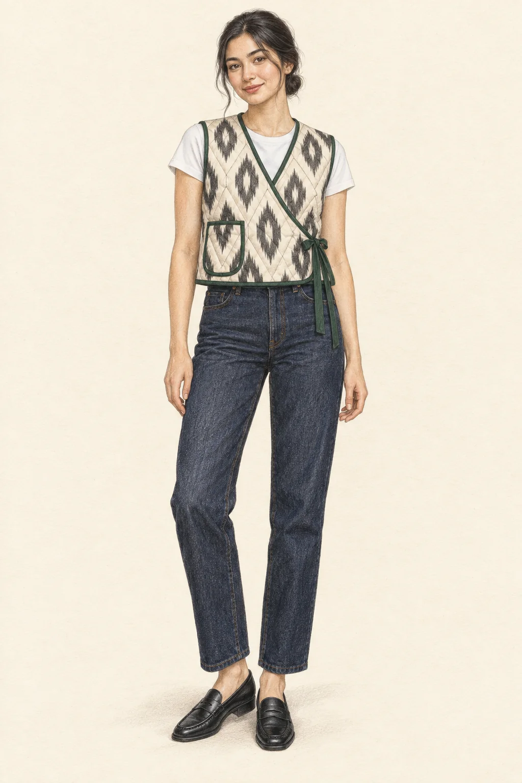 Pencil portrait of a young Uzbek woman in a green-bound cropped ikat vest, white tee, dark jeans and black loafers.