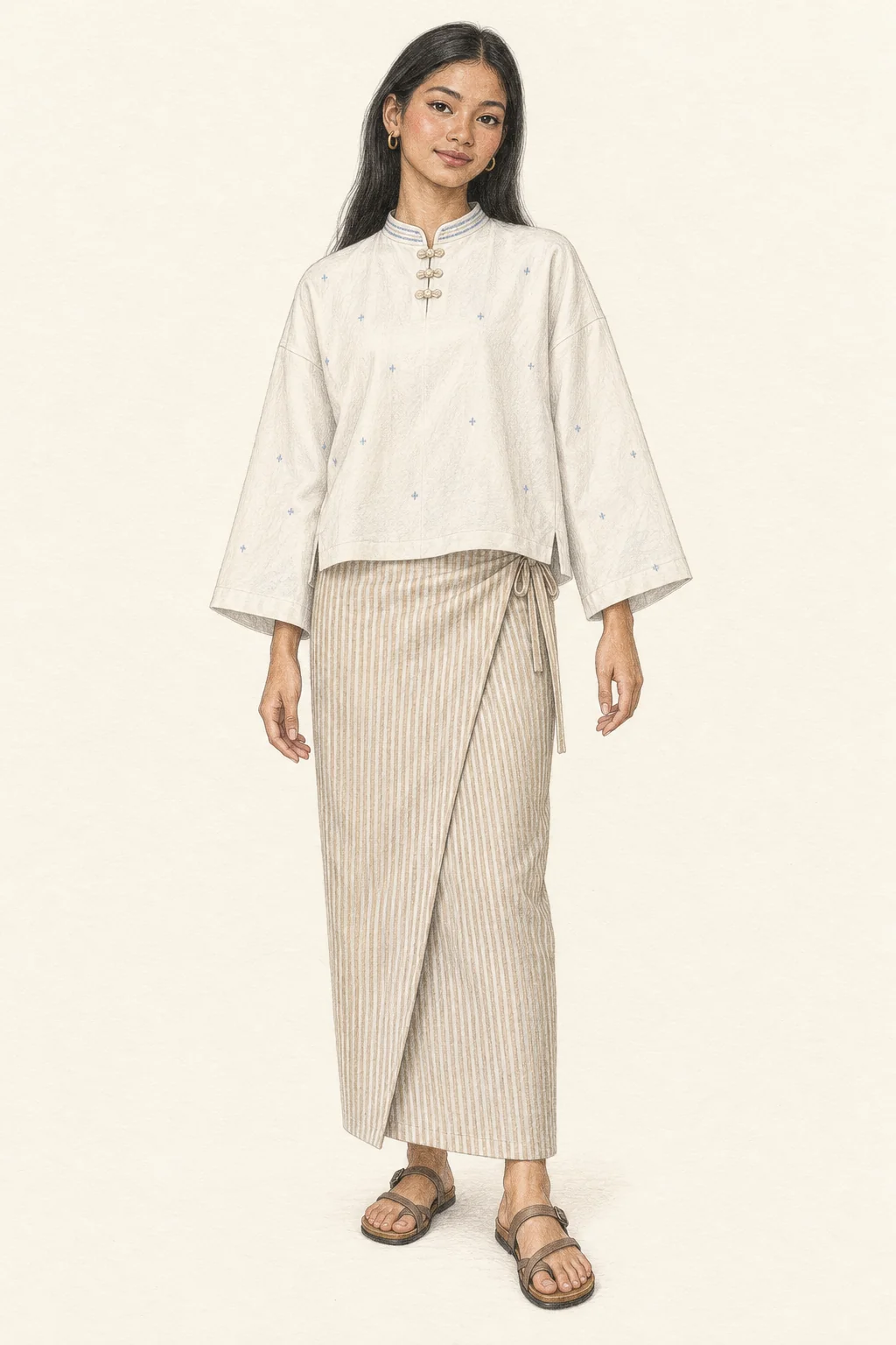 Detailed pencil portrait of a youthful Malaysian woman in an ivory cropped Kedah, beige striped sarung and flat sandals.