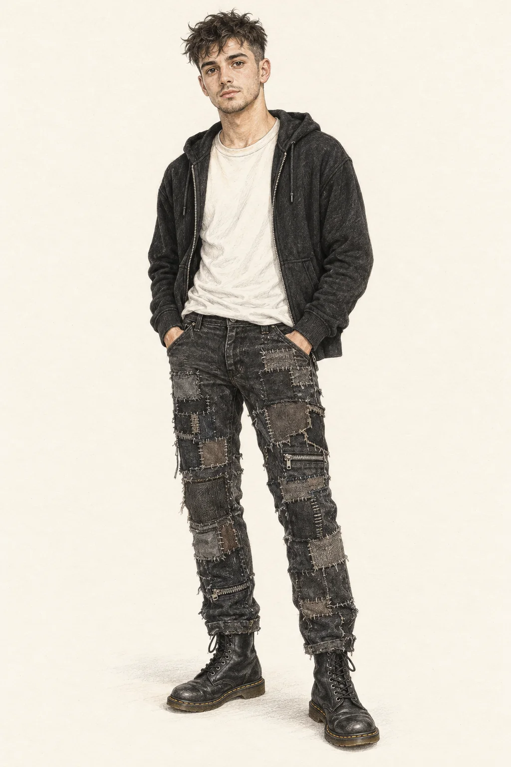 Full figure wearing an open black hoodie, offwhite tee, dark patch-covered trousers and black lace-up boots.