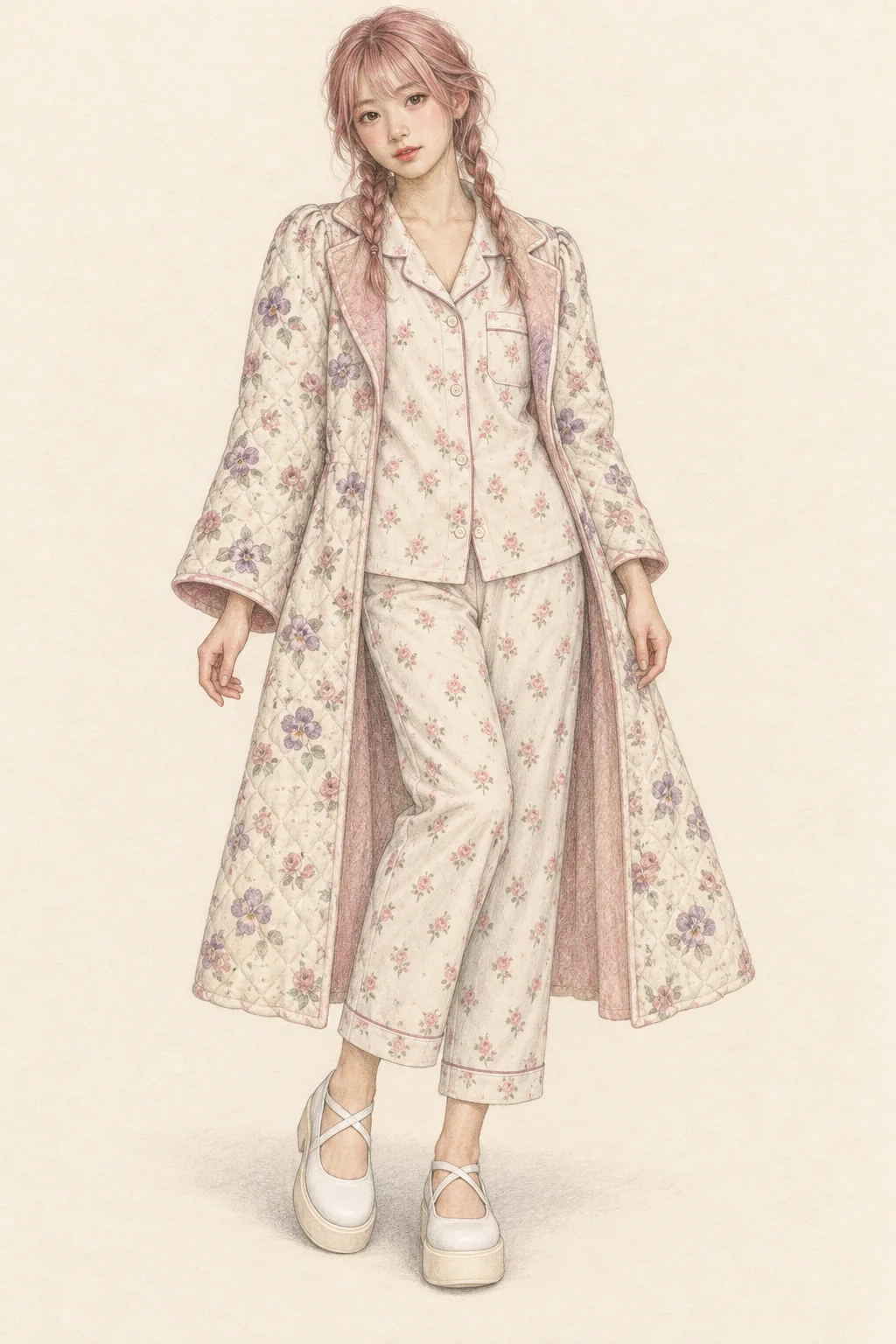 Colored-pencil portrait of a fictional young Japanese woman with faded pink braids, an open floral quilted robe, rose-print pajamas and white platform strap shoes.