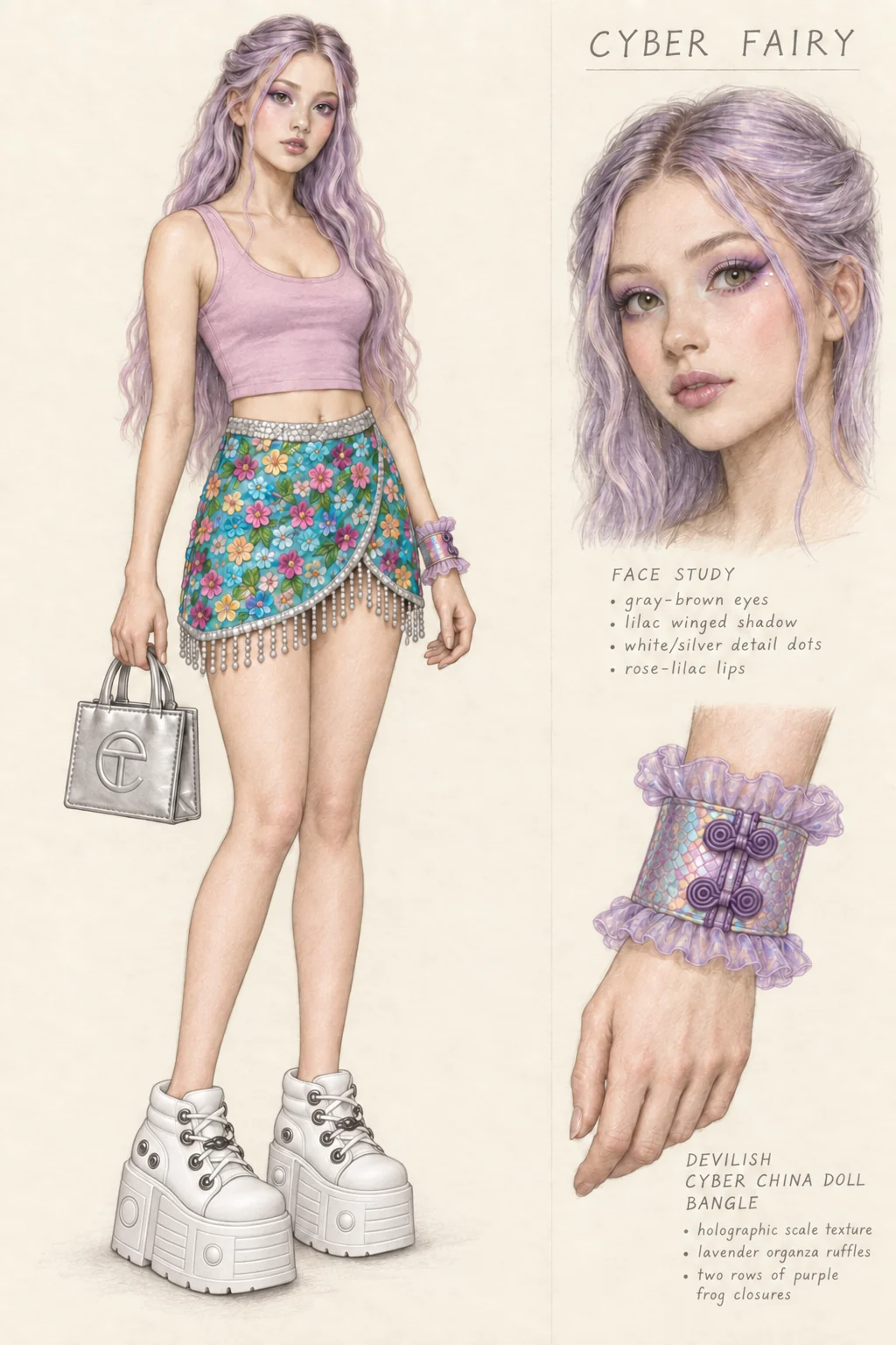 Colored-pencil Cyber Fairy sheet on ivory: a youthful fictional character with long lavender waves and pearlescent lilac eye makeup wears a rose-lilac tank, turquoise flower-embellished wrap skirt, one iridescent purple cuff and complete white platform ankle boots, carrying a small silver bag. Separate face and cuff studies sit at right.
