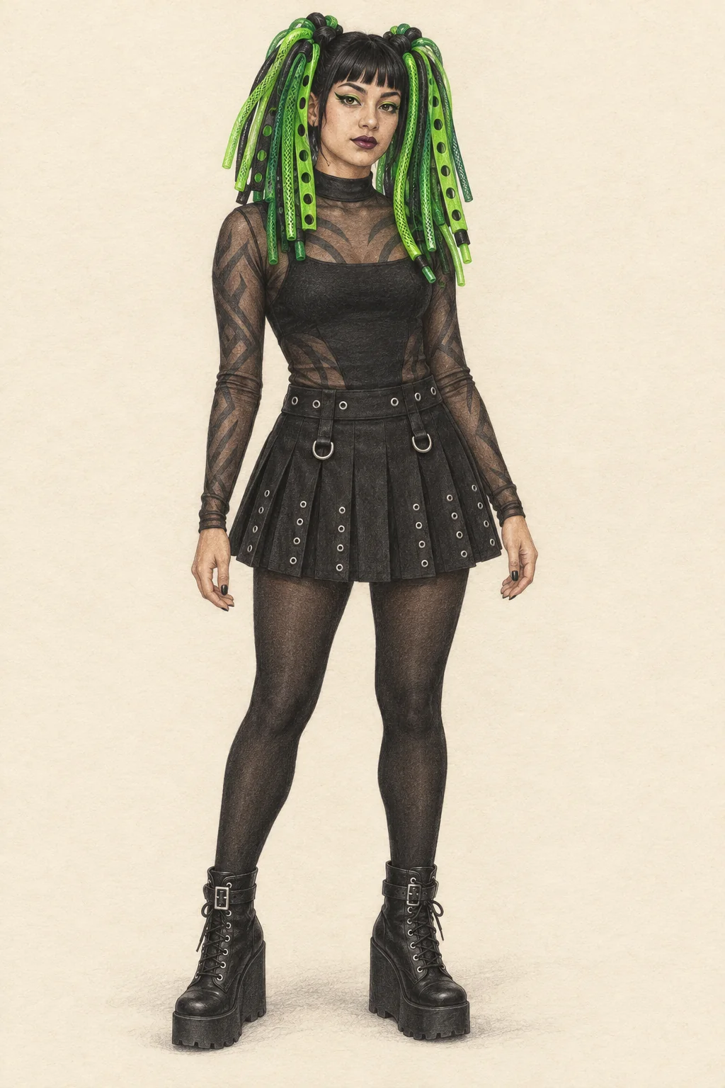 Coloured-pencil full-figure portrait of a young woman with green synthetic hair falls, a layered black mesh top, eyelet pleated skirt, dark tights and platform boots.