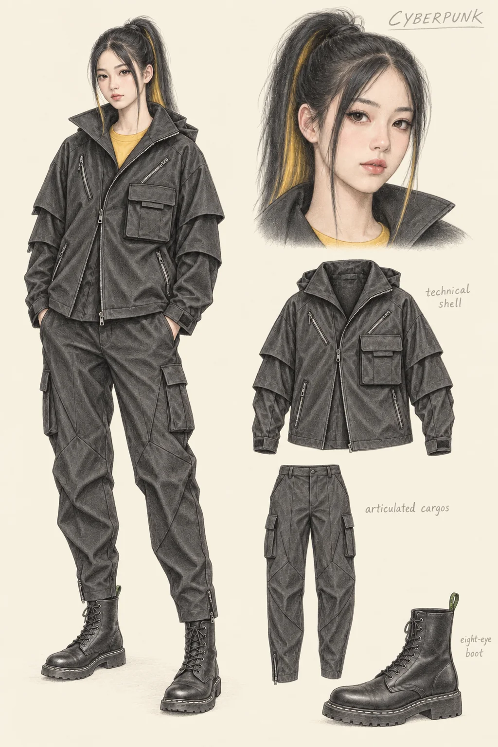 Youthful Cyberpunk pencil fashion sketch: asymmetric black utility layers and a yellow accent.