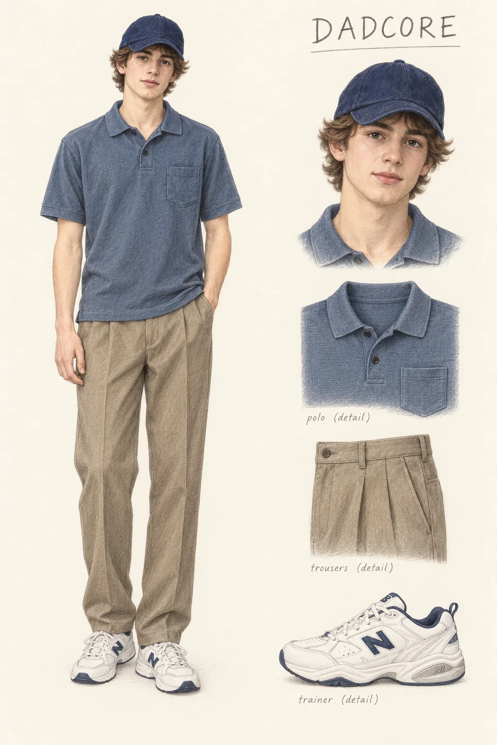 Full-length colored-pencil fashion sketch on warm ivory paper. Youthful clean-shaven face, medium loose chestnut hair visible around a plain navy cap, soft brows and natural lips. No grey hair or mature face creases. Relaxed indigo pocket polo, taupe pleated straight trousers, white/navy substantial low trainers and plain curved-brim cap. Casual narrow stance with one hand at pocket and both complete shoes. Face and garment studies are separate at right.