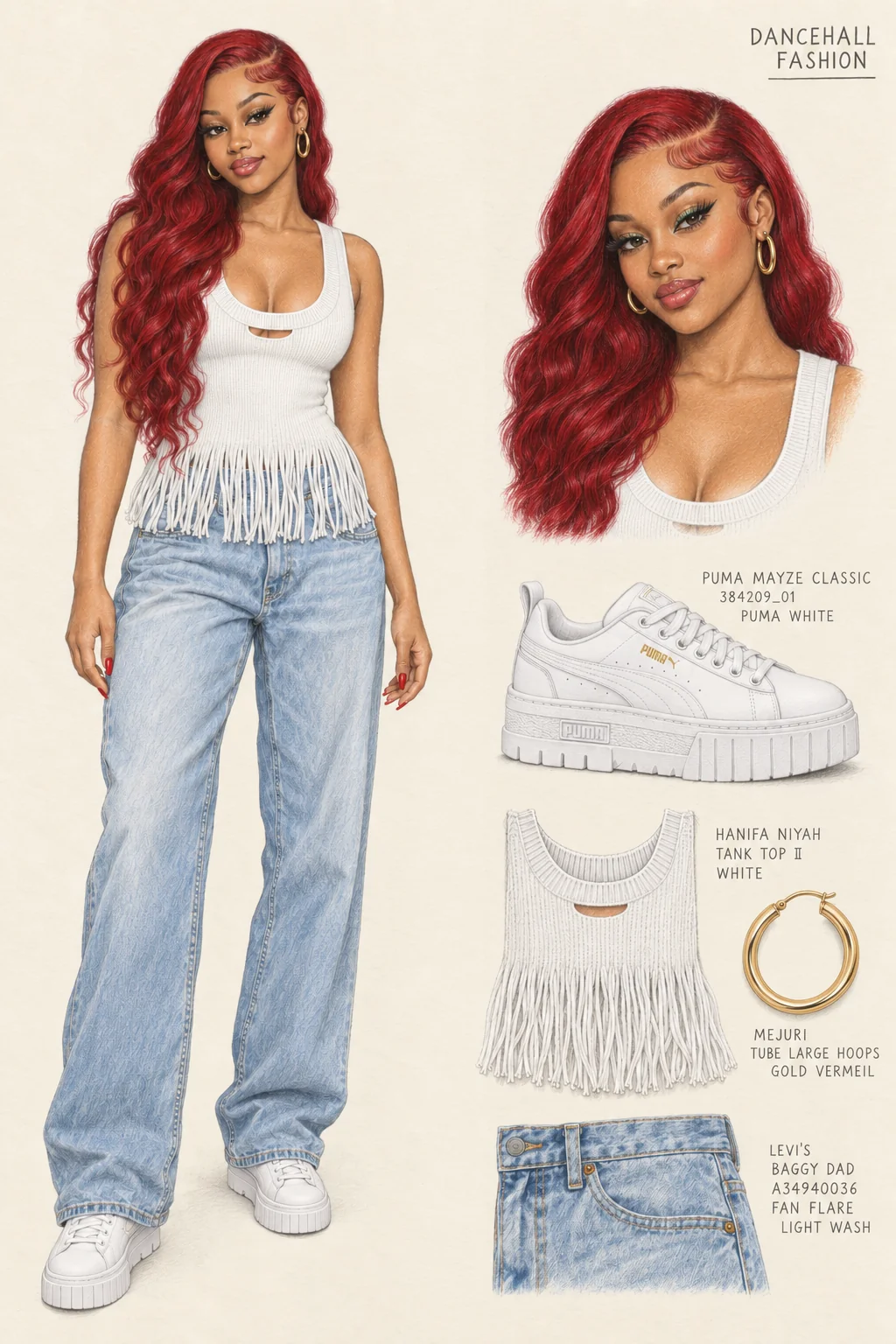 Colored-pencil fashion sheet of a young woman with long red waves wearing a white fringe knit, pale jeans, gold hoops and white platform sneakers, with matching portrait and item studies.
