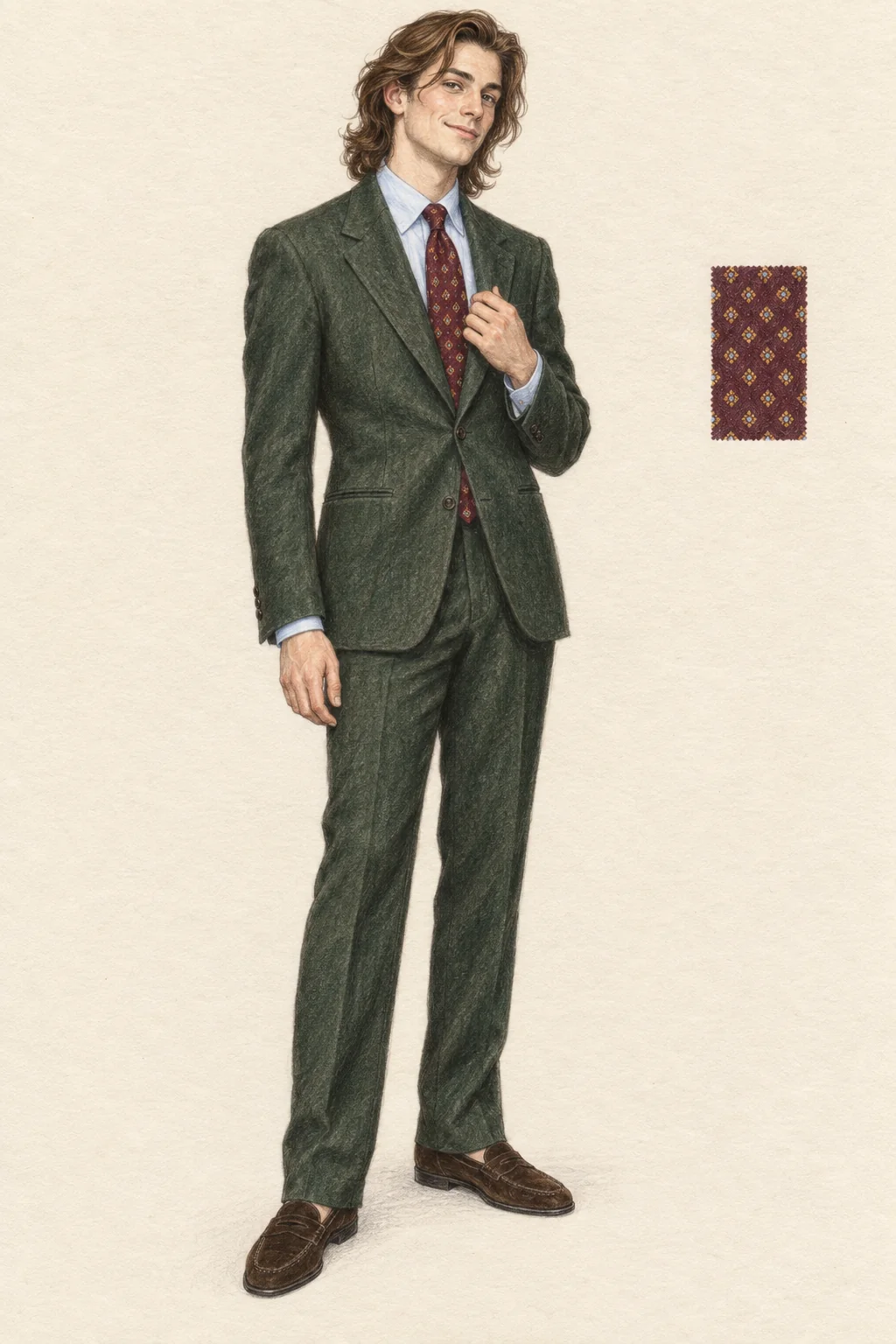 Detailed colored-pencil fashion sketch of a young adult with shoulder-length brown waves wearing a green suit, pale blue shirt, burgundy patterned tie and brown suede loafers on ivory paper.
