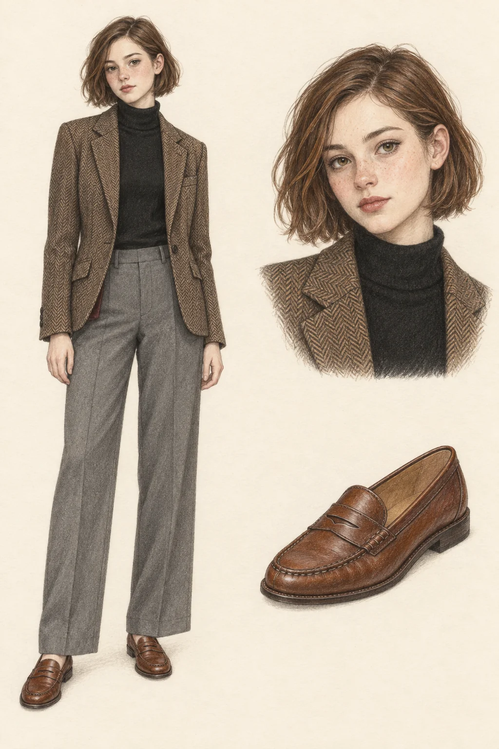 Youthful Dark Academia fashion sketch with brown tweed and a black roll neck.