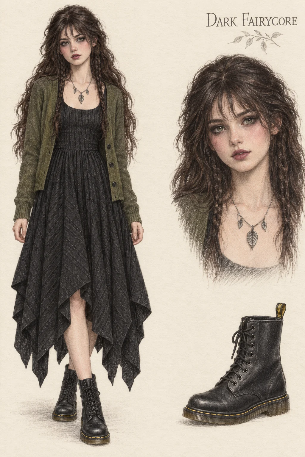 Colored-pencil Dark Fairycore study: pointed black hems and silver leaves in olive layers, youthful fictional character with separate face and footwear studies.