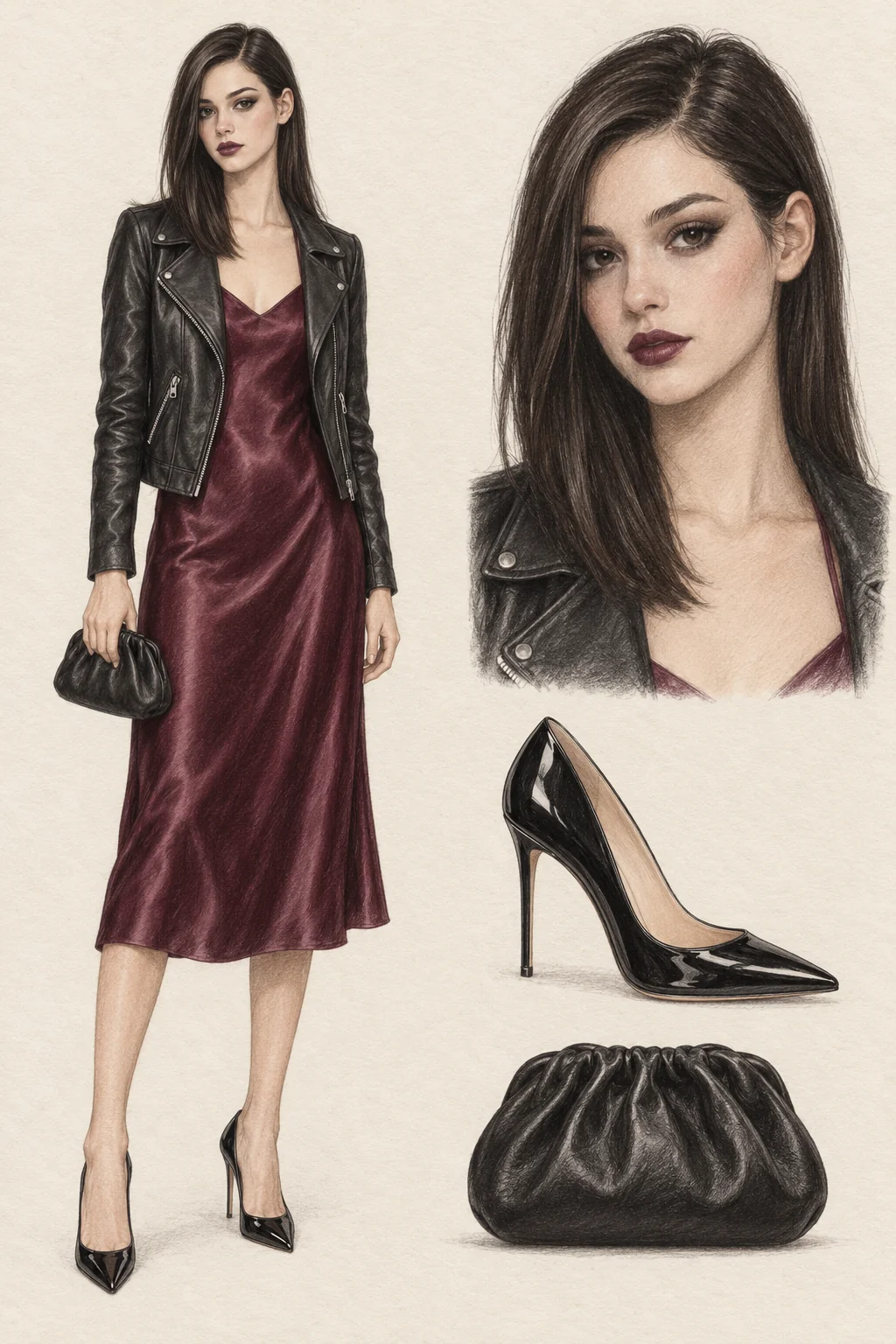 Youthful Dark Feminine pencil fashion sketch with sleek dark hair, smoky eyes, wine satin midi dress, black leather jacket, pointed pumps and a gathered clutch.