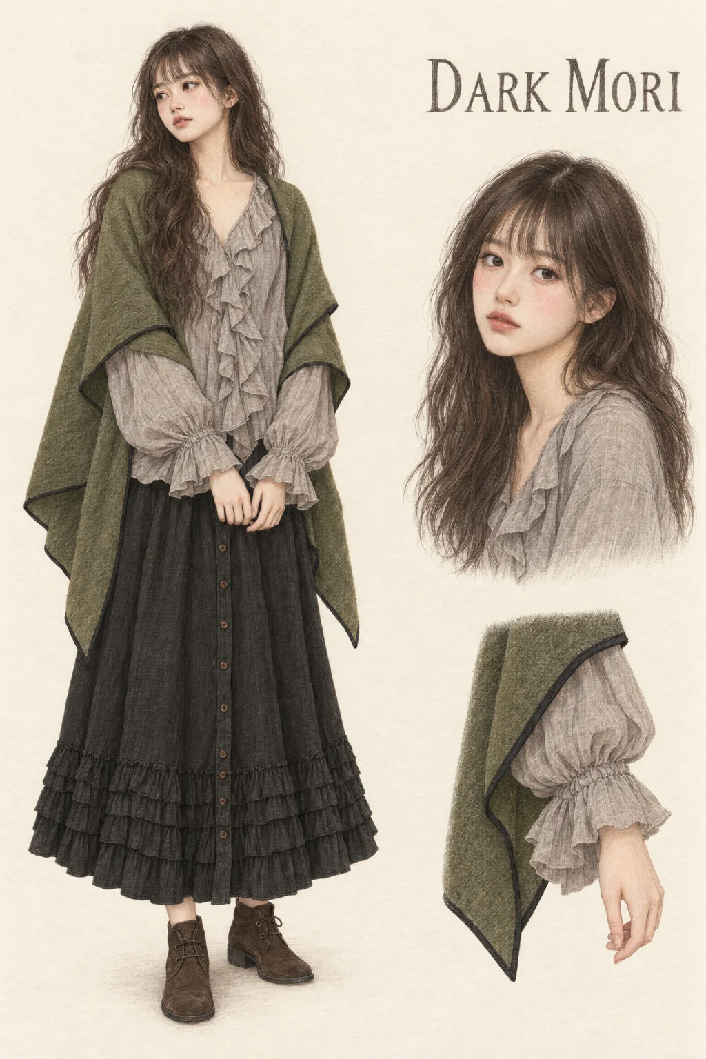 Full-length colored-pencil fashion sketch on warm ivory paper. Youthful Japanese face with long loose dark-brown waves, light straight fringe, softly rounded dusty-rose cheeks, fine lashes and muted rose lips. Loose grey-brown cascading-ruffle blouse under an open moss triangular shawl with black binding. Full black button-front skirt finishes with several narrow ruffle rows above small brown desert boots. Hands together naturally; entire skirt and both shoes visible. Separate face and item studies appear at right.