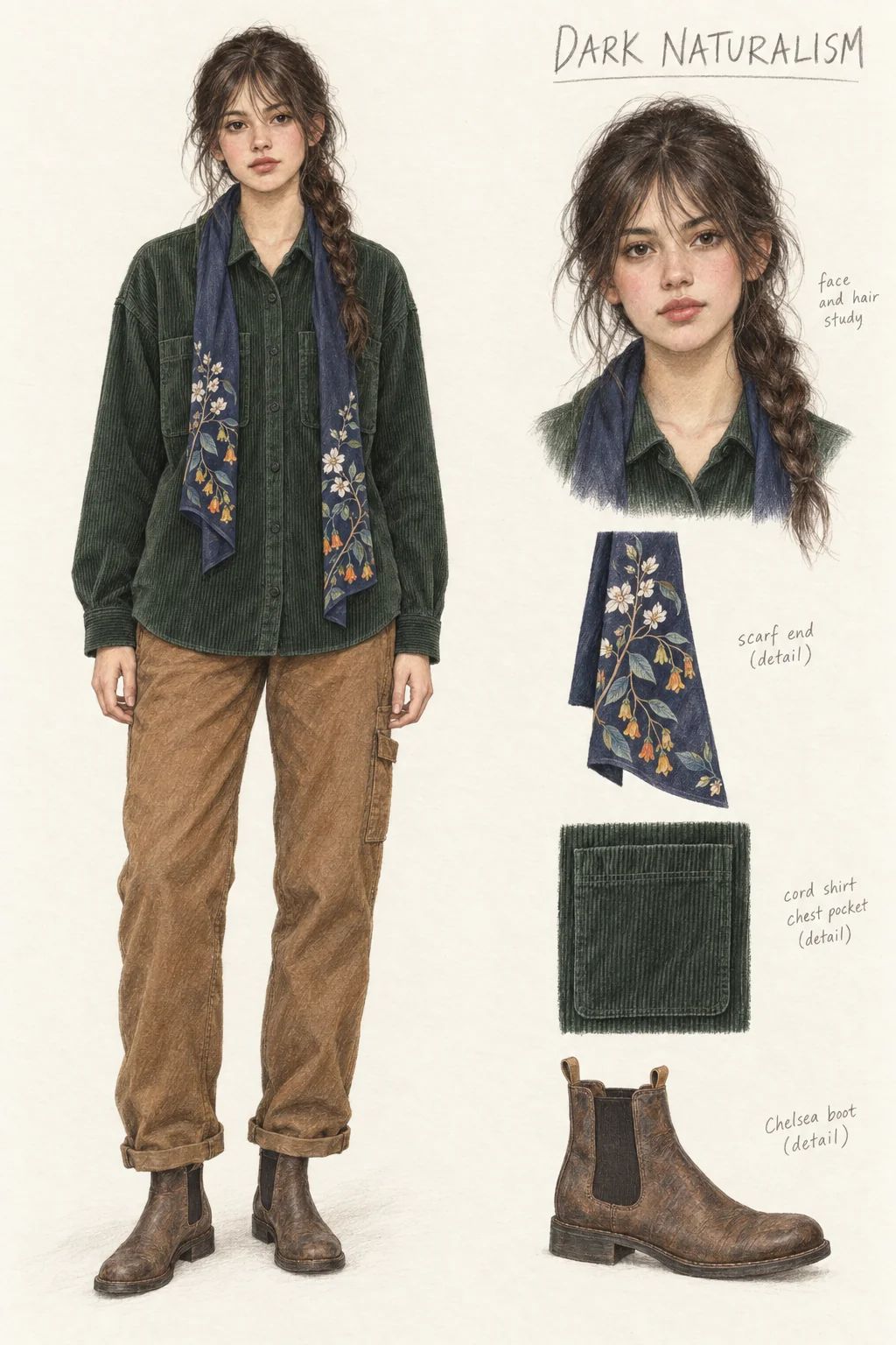 Full-length colored-pencil fashion sketch on warm ivory paper. Youthful softly rounded face, long loose dark braid, wispy fringe, rose cheeks, subtle brown liner and berry-rose lips. Face and full figure agree. Forest cord shirt with open chest pockets, warm brown straight canvas carpenter trousers with turned hems, two hanging navy botanical scarf ends and weathered brown elastic-side boots. Narrow stance, complete fingers, braid, hems and both shoes. Face and garment studies are separate at right.