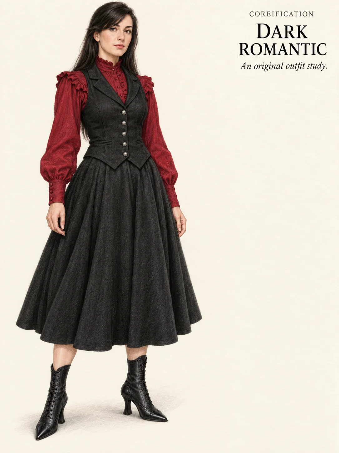 Detailed colored-pencil portrait on warm ivory paper of a person woman in a burgundy ruffled blouse, black five-button waistcoat, full black midi skirt and pointed black lace-up boots.