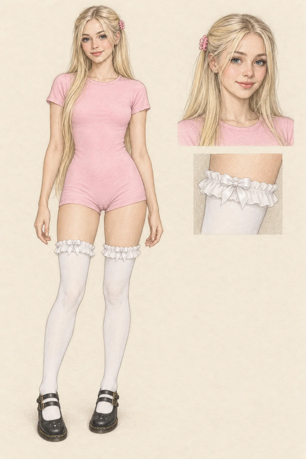 Colored-pencil illustration of a slim white 18-year-old adult with long blonde hair, wearing a pink short-leg onesie, white ruffled thigh-high socks and black double-strap Mary Janes, with a matching portrait and sock-cuff detail on warm ivory paper.