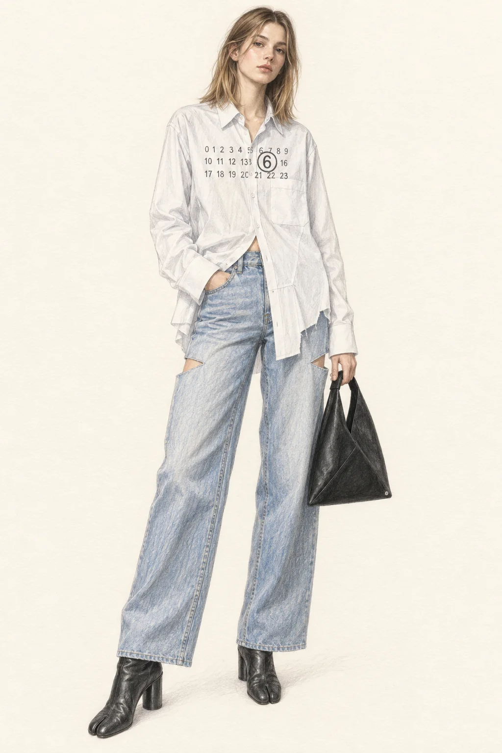 Detailed colored-pencil sketch of a young adult wearing an asymmetric white numeric shirt, pale wide jeans with small outer-thigh slits, black split-toe ankle boots and a soft triangular black bag on ivory paper.