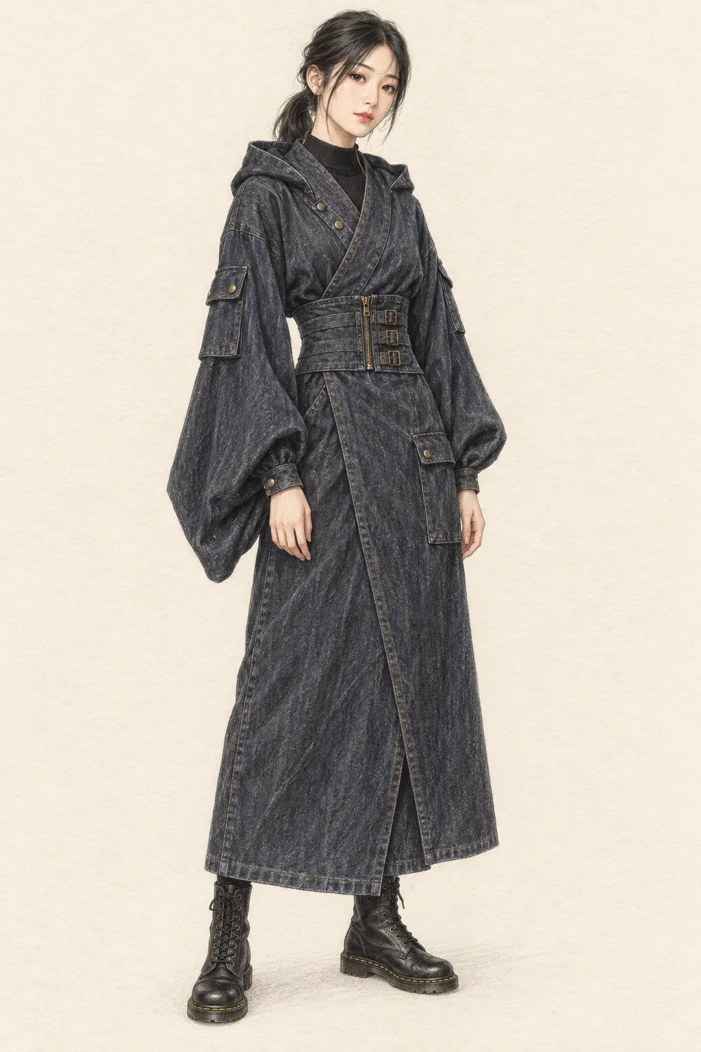 A young woman in a dark hooded denim kimono wrap, broad waist belt and black ankle boots.
