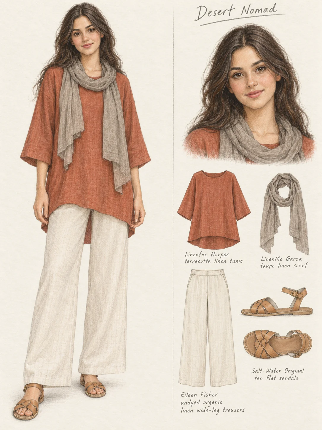 Full-length colored-pencil fashion sketch on warm ivory. Youthful soft oval face, long dark loose waves, natural brows, peach-rose cheeks and muted rosy lips. Healthy slim frame and softly drawn hands beneath loose linen volume. Terracotta dropped-shoulder tunic with broad three-quarter sleeves, cream wide full-length trousers, taupe loosely looped scarf and tan flat crossover sandals. Matching face and four garment studies to the right; crop safely retains hair, hands and both sandal soles.