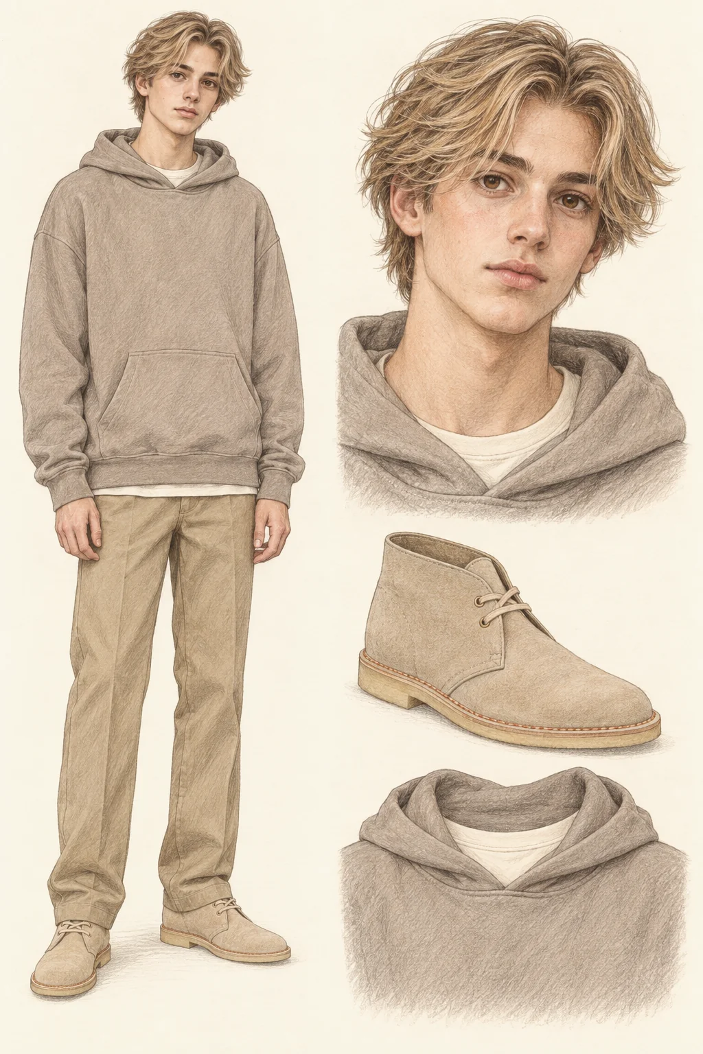 Youthful Desertcore fashion sketch with taupe layers, khaki twill and sand suede.