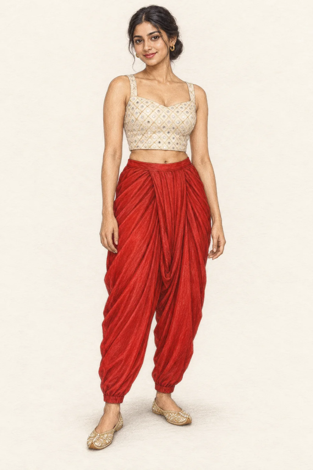 Realistic pencil portrait of a young Indian woman in red draped dhoti trousers, ivory mirror-work crop, gold hoops and pale-gold juttis.