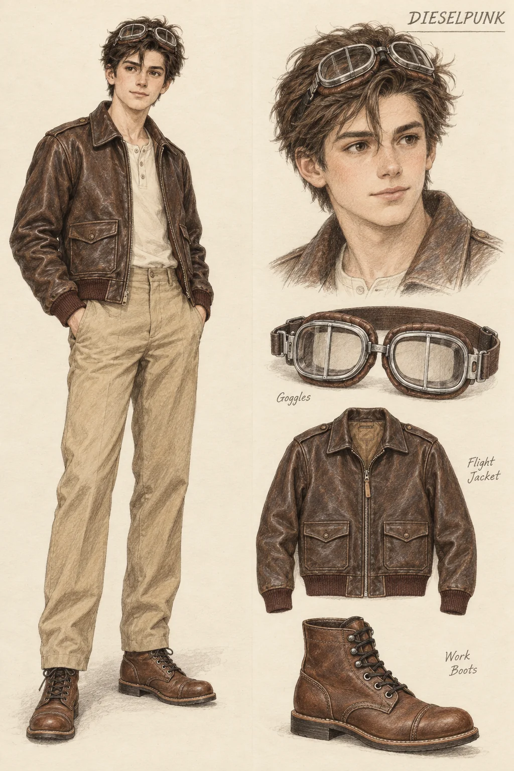 Youthful Dieselpunk pencil fashion sketch: flight leather, broad khaki trousers and split-lens goggles.
