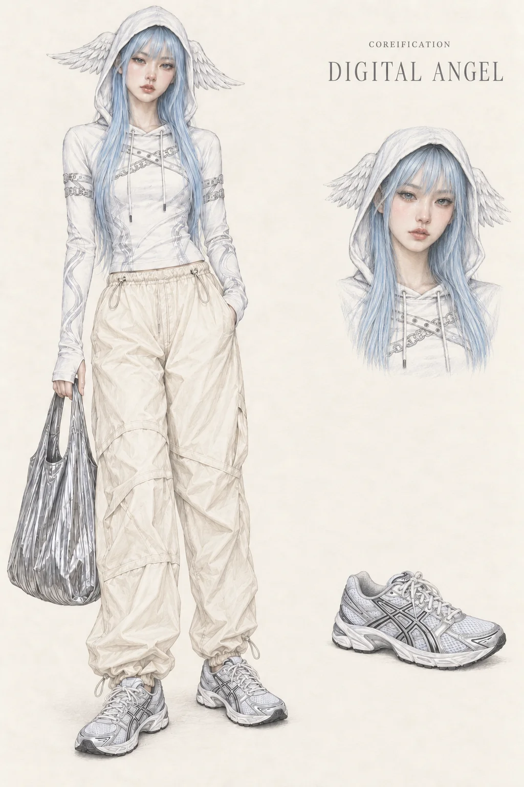 Detailed colored-pencil Digital Angel fashion sheet on warm ivory paper. Winged white hood, icy-blue hair and chrome pleats. A complete youthful fictional figure stands at left with matching face and item studies at right.