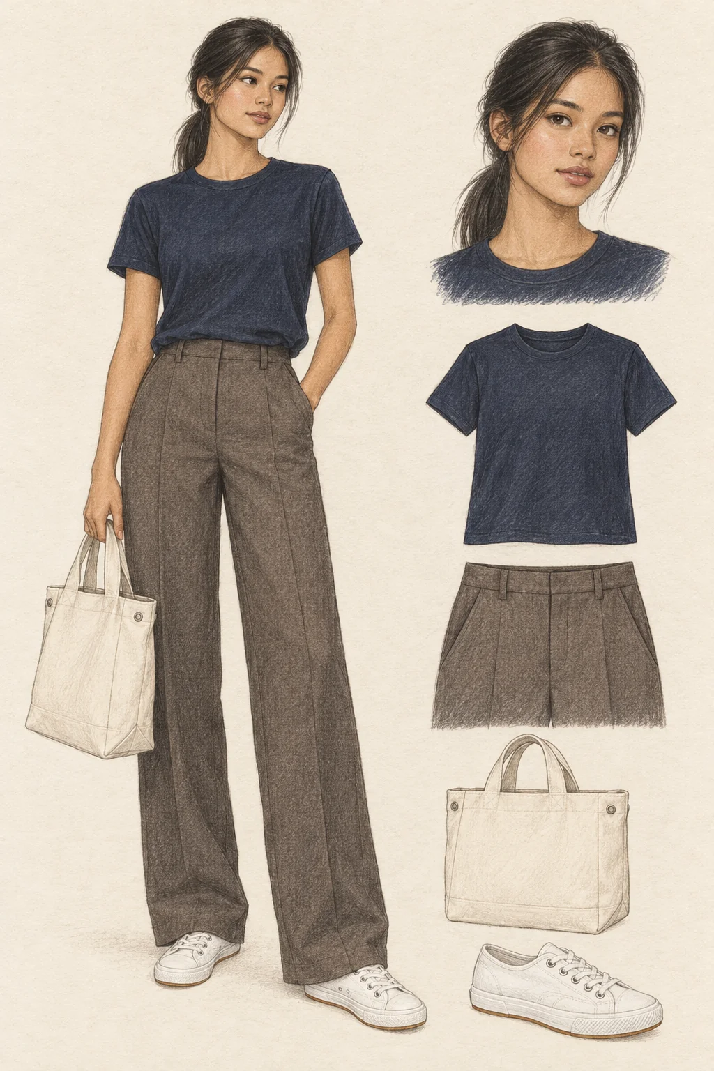 Colored-pencil illustration of an 18-year-old adult wearing plain navy cotton crewneck tee, dark taupe wide flannel trousers, white low canvas trainers, natural canvas tote with short handles on warm ivory paper, with a matching portrait and garment detail studies.