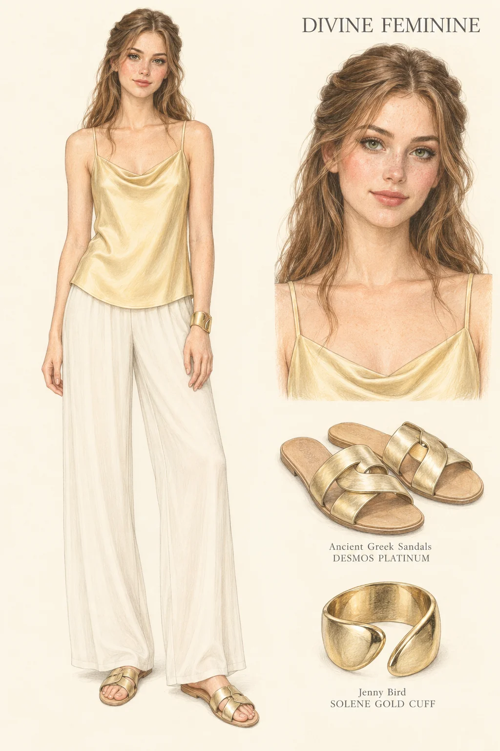 Detailed colored-pencil Divine Feminine sheet on warm ivory paper. Pale golden silk, floating ivory trousers and a sculptural cuff. Complete youthful fictional figure at left with a matching face and item studies at right.