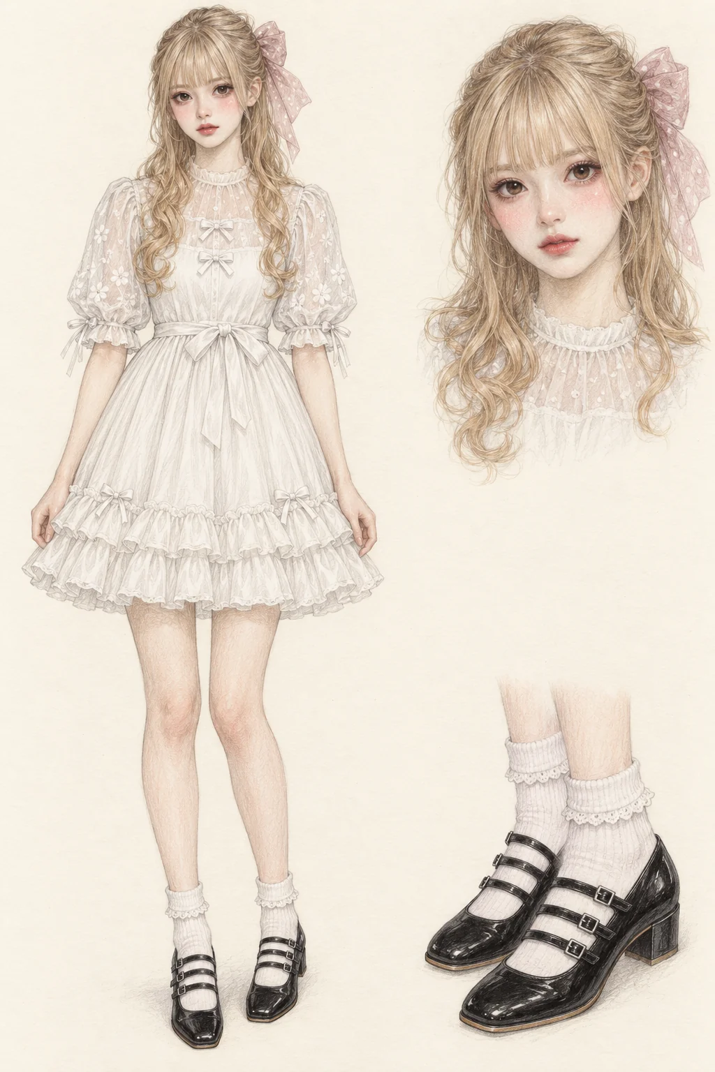 Colored-pencil Dollcore sketch with a youthful blonde character, doll-eye makeup, white ruffled puff-sleeve dress, lace socks, black three-strap Mary Janes and pink hair bow.
