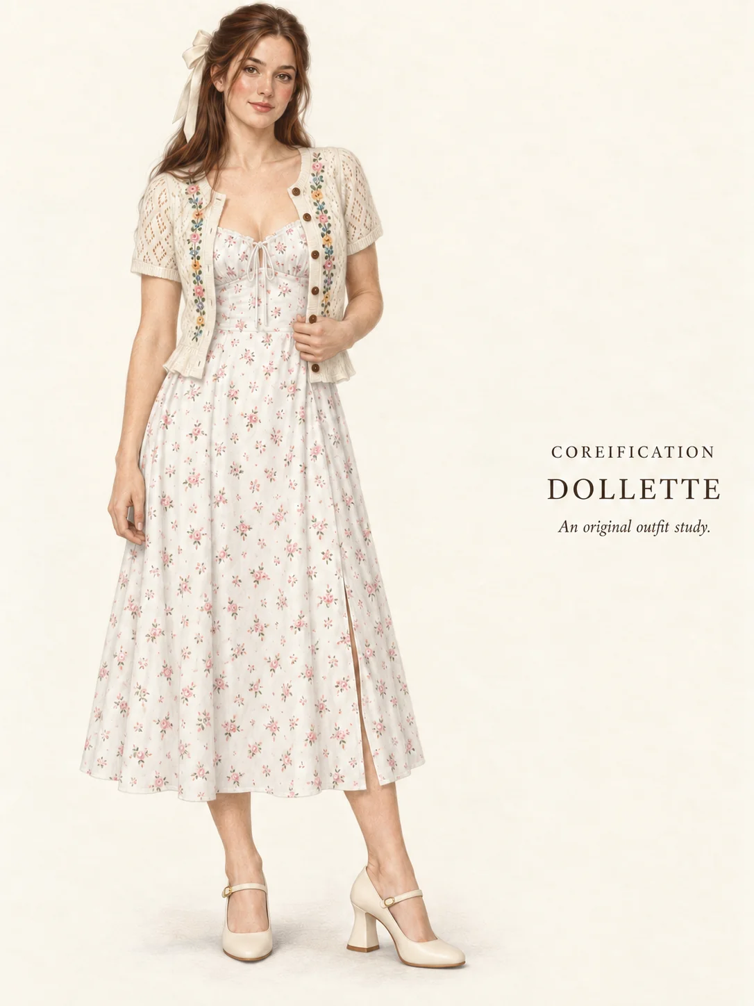 Detailed colored-pencil portrait on warm ivory paper of a person woman in a small rosebud-print midi dress, open ivory embroidered short-sleeve cardigan, cream strap shoes and a cream hair bow.