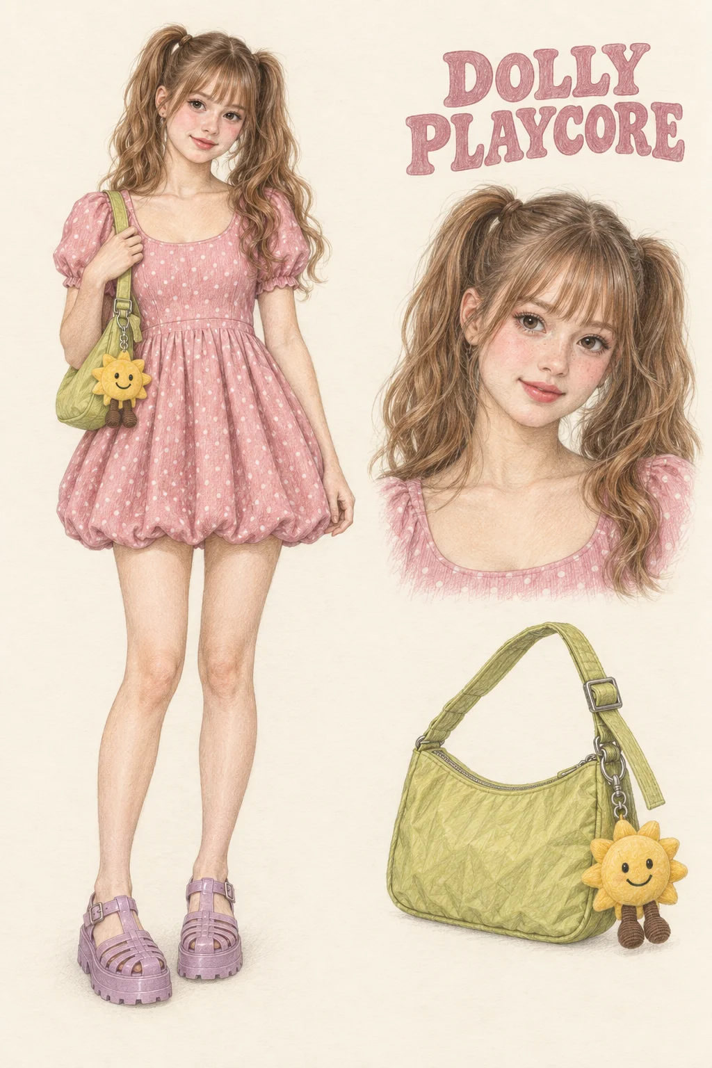 Full-length colored-pencil fashion sketch on warm ivory paper. Youthful face with high curled twin ponytails, a light fringe, pink cheek color, separated upper lashes and glossy pink lips. Pink small-white-dot puff-sleeve bubble mini with a waist seam, mauve fisherman cage platforms, small green nylon shoulder bag and one yellow sun charm with brown cord legs. Healthy naturally slim figure, slender softly modeled legs and both shoes complete. Separate face and item studies appear at right.